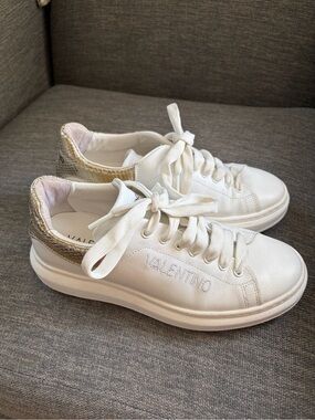 Valentino by Mario Valentino White Leather Fresia Sneakers Gold SnakeMetallic